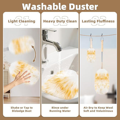 LOVECO Feather Duster for Cleaning, Extendable Lambswool Duster 29-49 Inch for Cleaning Fans, Ceiling, Includes: Sticky Hooks×2, Small Duster×1, Electrostatic Dusters Suitable for Office, Home, Car