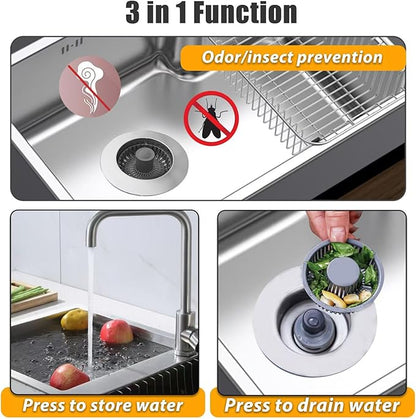 Anlige Kitchen Sink Drain Strainer, 3 in 1 Pop Up Kitchen Sink Stopper, with an Extra Basket Strainer, Universal for US Standard 3-1/2 Inch, Chrome Silver