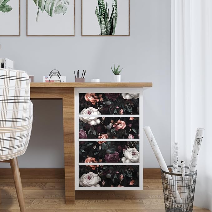 Laatse Dark Floral Peel and Stick Wallpaper, Vintage Floral Contact Paper, Waterproof Self Adhesive Boho Decor Black Rose Wall Paper for Bedroom Walls Bookcase Drawers 17.5in x 32.8ft