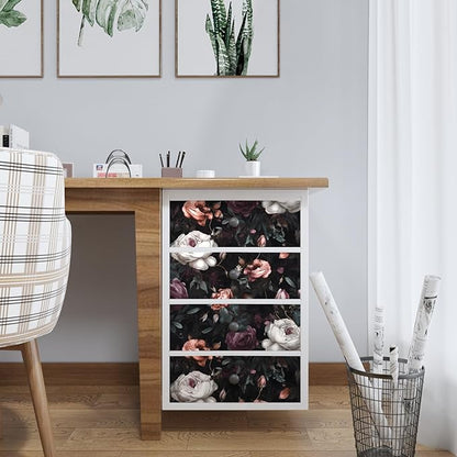 Laatse Dark Floral Peel and Stick Wallpaper Vintage Floral Contact Paper Waterproof Self Adhesive Boho Decor Black Rose Wall Paper for Bedroom Walls Bookcase Drawers 17.5in x 6.5ft