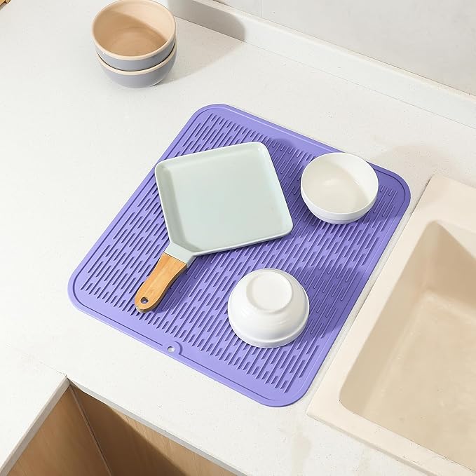 MicoYang Silicone Dish Drying Mat for Multiple Usage,Easy clean,Eco-friendly,Heat-resistant Silicone Mat for Kitchen Counter or Sink,Refrigerator or Drawer Liner Light Purple XL 18 inches x 16 inches