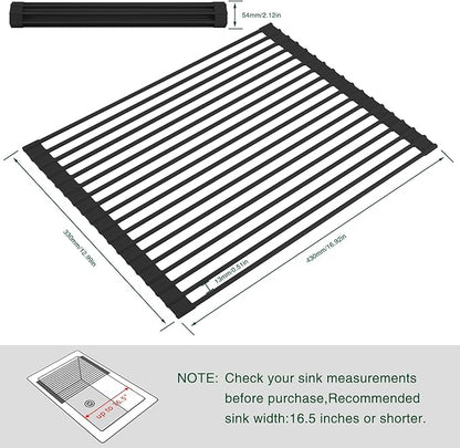 HANZENMA Roll Up Dish Drying Rack Over The Sink Kitchen Roll Up Sink Drying Rack Multipurpose Foldable Sink Drying Mat, Heat-Resistant, Anti-Slip & Anti-Rust Dish Rack for Kitchen, 17" x 13", Black