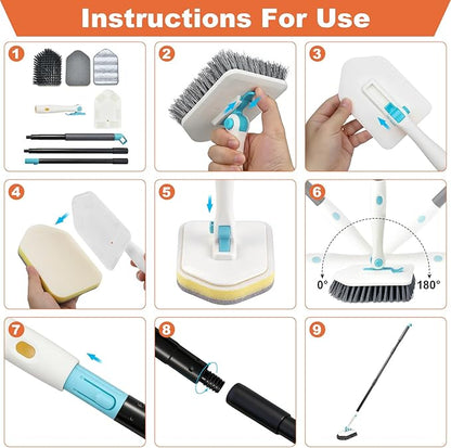 Long Handled Scrub Brush for Shower,3-in-1 Cleaning Brushes with 3 Different Function Cleaning Heads Brush for Shower Cleaning Bathroom Kitchen Walls Tub Tile (White)