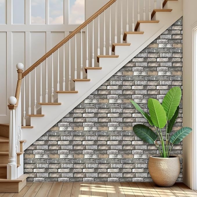3D Wall Panels,Waterproof Self-Adhesive Artificial PVC Brick Wall Panels for Cladding Kitchen, Living Room, Bedroom, Office Deep Red Brick 10pcs 30 x 30cm. (Brick Grey)