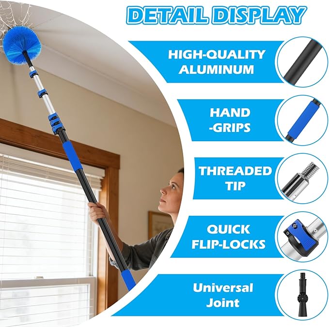 25FT Reach High Ceiling Duster Kits with 5-20FT Adjustable Pole - Includes Extra Long Duster, High Ceiling Duster, Rotatable Window Squeegee & Cobweb Duster for Ceiling Fans and Whole House Cleaning
