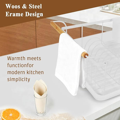 Dish Racks for Kitchen Counter, Thickened Metal Dish Drying Rack with Wooden Handles, Kitchen Countertop Organizer for Dishes, Spoons and Forks, No Assembly, White, 16.7''*12.6''*5.12''