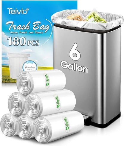 Teivio 6 Gallon 180 Counts Strong Garbage Bags Trash Bags, Bathroom Trash Can Bin Liners, Plastic Bags for home office kitchen, Clear