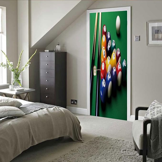 A.Monamour 3D Door Stickers for Interior Doors Billiard Balls and Billiard Cue on Green Table Vinyl Waterproof Self Adhesive Door Mural Decals for Bedroom Office Bathroom 95x215cm