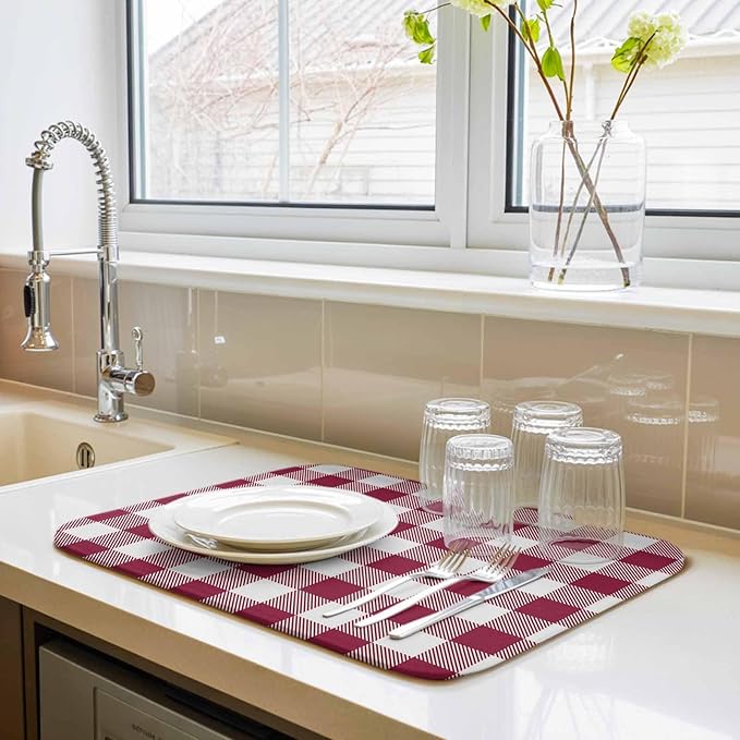 Dish Drying Mat Wine Red Buffalo Check Plaid Drying Mats for Kitchen Counter Farmhouse Style Absorbent Microfiber Dish Drainer Quick Drying Coffee Mat with Hanging Loop, 16 x18 inch