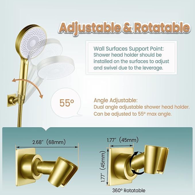 Shower Head Holder Handheld Shower Wand Holder Adjustable Shower Head Bracket Shower Wall Mount Holder, Brushed Brass/Gold Finish, Drill Free Glue Installation