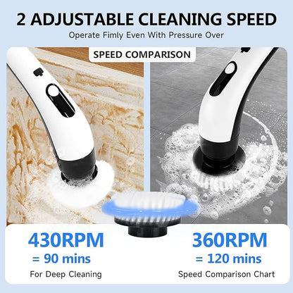 Cordless Electric Spin Scrubber with 8 Brush Heads Power Handheld Scrubber Cleaning & Shower with Adjustable Handle, IPX7 Waterproof for Shower Tile Grout Tub Tile Floor Bathroom Cleaning