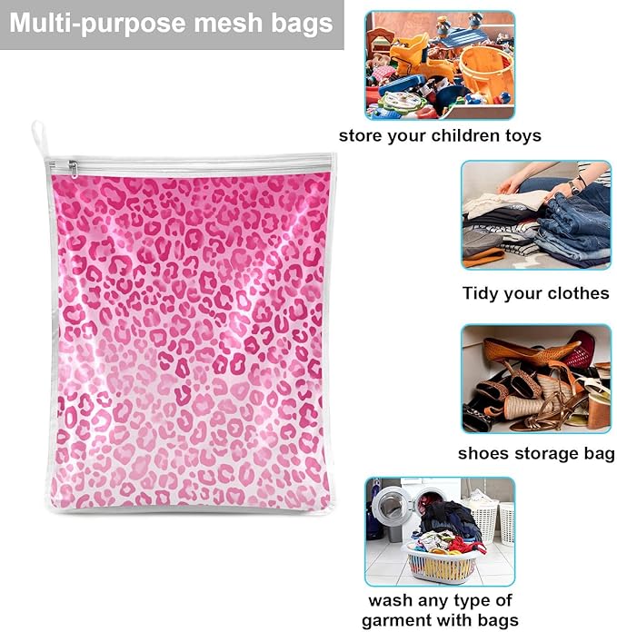 Mesh Laundry Bags Lingerie Bags for Washing Delicates 2 PCS Durable Wash Bag with Zipper Small and Medium Washable Gradient Pink Leopard Print
