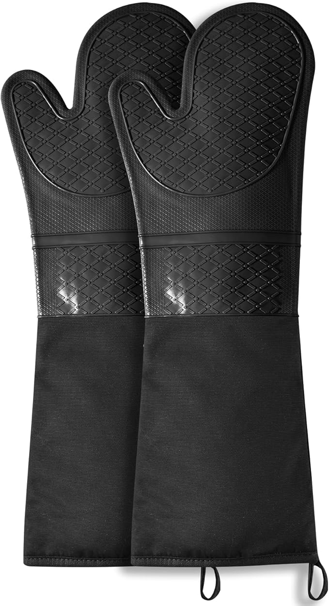 Extra Long Silicone Oven Mitts, Heat Resistant Oven Gloves with Quilted Liner Non-Slip Textured Grip Perfect for BBQ, Baking, Cooking and Grilling - 1 Pair 20 Inch Black