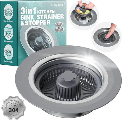 3 in 1 Kitchen Sink Drain Strainer and Stopper, 304 Stainless Steel Pop-up Anti-Clogging Basket Strainer, Fast Drainage Kitchen Sink Plug for Standard 3-1/2" Drain Hole