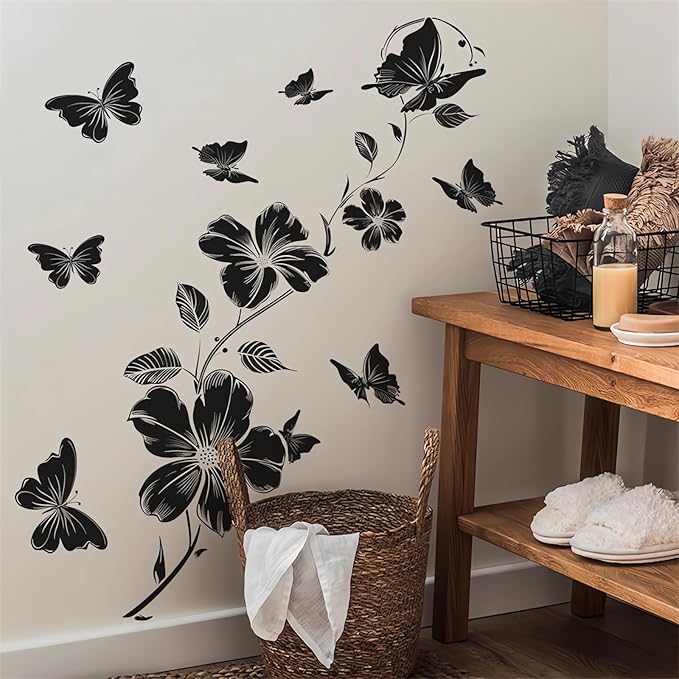Black Flower Butterfly Vine Wall Stickers, sacinora Simplicity Floral Art Wall Decals Removable Vinyl Peel and Stick for Bedroom Kitchen Cabinet Nursery Home Decorations