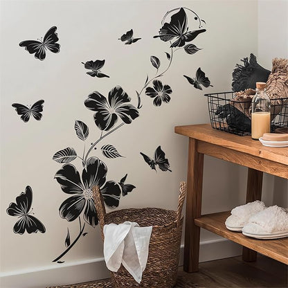 Black Flower Butterfly Vine Wall Stickers, sacinora Simplicity Floral Art Wall Decals Removable Vinyl Peel and Stick for Bedroom Kitchen Cabinet Nursery Home Decorations