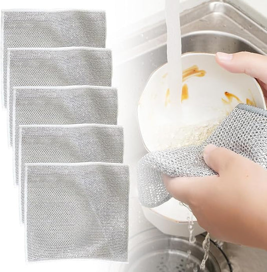 Multipurpose Wire Dishwashing Rags for Wet and Dry, New Double Layer Wire Cleaning Cloths Non Scratch Wire Dishcloth Rag, Reusable Scrubbing Pads for Washing Dishes Kitchen Supplies (5PCS)
