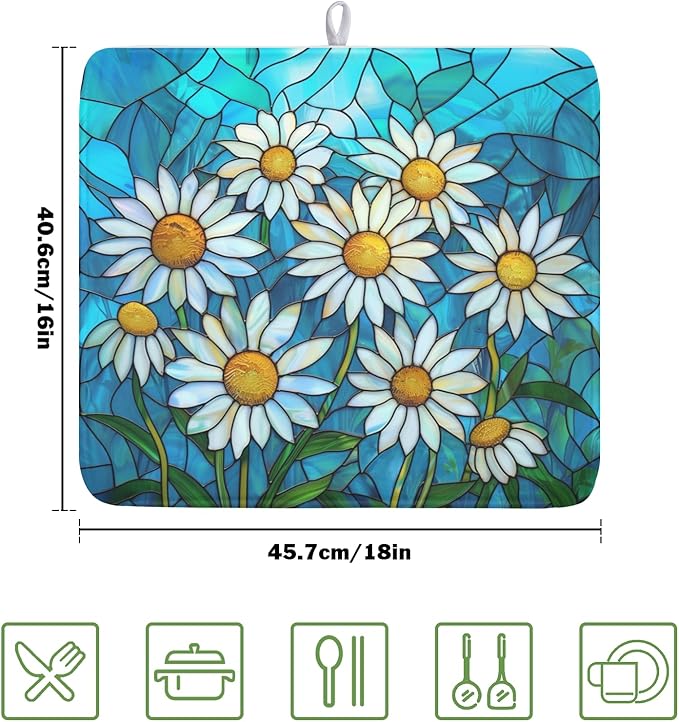 Daisy Drying Mat 18x16 Inch, Summer Spring Drying Mat with Absorbent Reversible Microfiber, Rustic Flowers Dish Drainer Mats Floral Rack Pad for Coffee Countertop Kitchen Protector