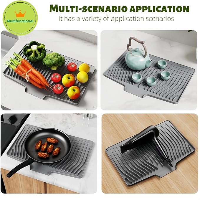 CIEO Silicone Dish Drying Mat for Kitchen Counter, Slope Fast Self-Draining, Non-Slip Drain Pad, Easy Clean Countertop Protection Mat, Multiple Use for Dishes Drying Rack（19"x 14",Gray）