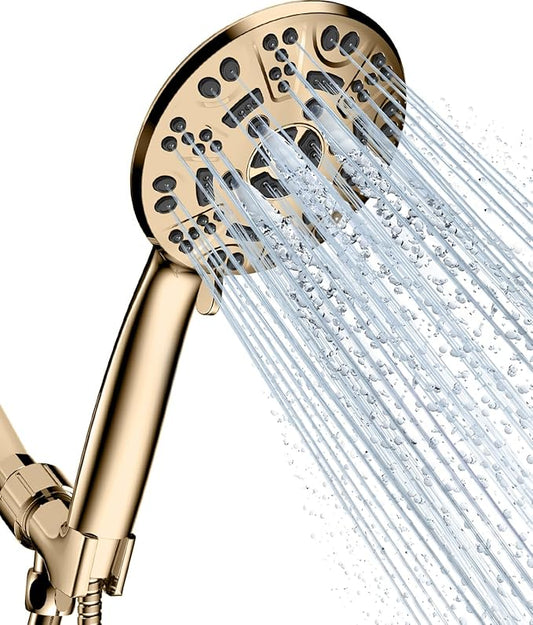 Cobbe 8-Setting Handheld Shower Head with High Pressure Shower Heads - Bathroom Showerhead Set - Detachable Showerhead with 5ft Stainless Steel Hose and Brass Swivel Bracket (Gold)