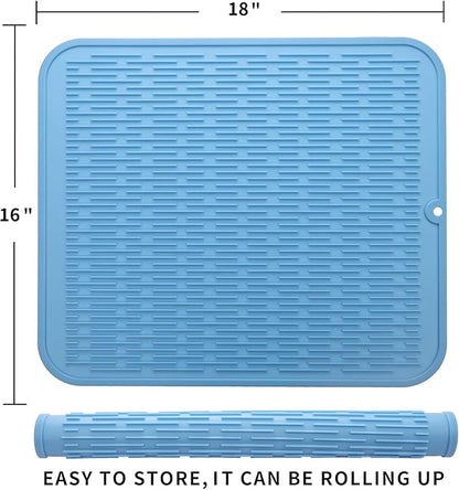 MicoYang Silicone Dish Drying Mat for Multiple Usage,Easy clean,Eco-friendly,Heat-resistant Silicone Mat for Kitchen Counter or Sink,Refrigerator or Drawer Liner Light Blue XL 18 inches x 16 inches