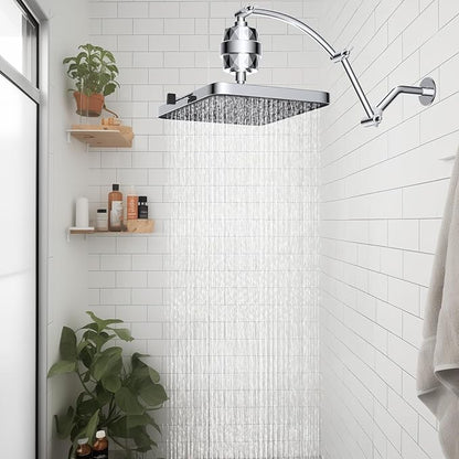 Hibbent Rain Filtered Shower Head, 13'' High Pressure Rainfall 5 Modes Showerhead with 16" Shower Head Extension Arm, Solid Brass Adjustable Shower Arm Extender, 20 Stage Shower Filter, Chrome