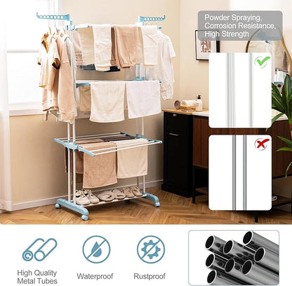 Tangkula 4-Tier Foldable Clothes Drying Rack, Oversized Drying Rack w/Lockable Wheels & Rust-Proof Metal Frame, Indoor Outdoor Large Drying Hanger w/Adjustable Gullwings, Movable Laundry Hanger