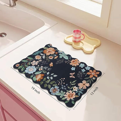 Scalloped Bohemian Coffee Bar Mat Dish Drying Mats for Kitchen Counter, Kitchen Decor,(12"x19", Black)