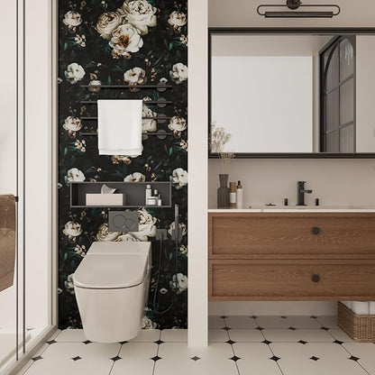 Laatse Dark Wallpapr Peel and Stick Boho Wallpaper 17.5in x 393in Black Floral Contact Paper Waterproof Self Adhesive Vintage Large Floral Wall Paper for Bedroom Walls Cabinet Decor