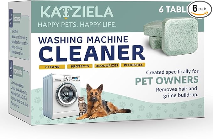 Katziela Washing Machine Cleaner Tablets – 6 Pack (3-Month Supply) – Loosens Pet Hair & Eliminates Odors – Fragrance-Free Enzyme Formula – Safe for All Washers – HE Compatible & Septic Safe