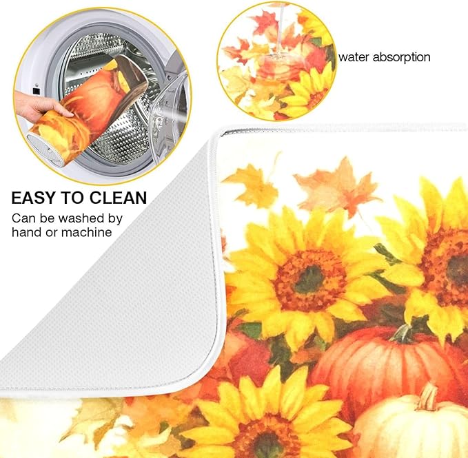 Pumpkin Sunflower Autumn Thanksgiving Dish Drying Mat for Kitchen Counter Absorbent Microfiber Drying Pad, Medium 16x18 in