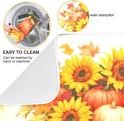 Pumpkin Sunflower Autumn Thanksgiving Dish Drying Mat for Kitchen Counter Absorbent Microfiber Drying Pad, Medium 16x18 in