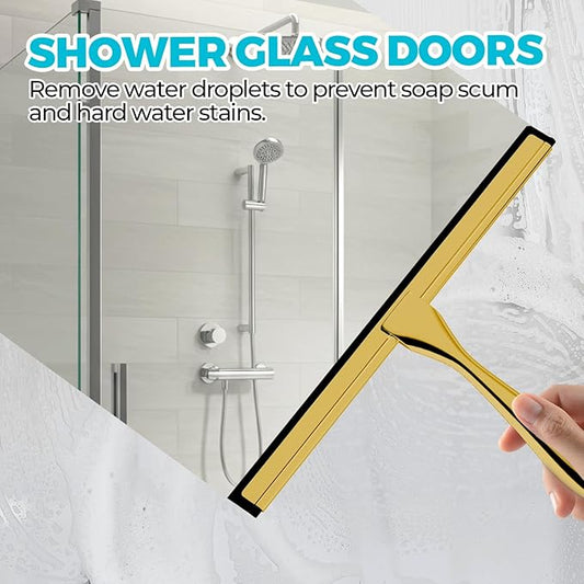 9.8-Inch Golden All-Purpose Shower Squeegee for Shower Doors, Tile Shower Walls, Bathroom, Window, Glass and Car Windshield, Mirrors and Kitchen-Stainless Steel