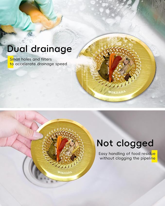 Wokdada Gold Sink Strainer, Reversible Mesh Sink Strainer with 304 Stainless Steel, Revolutionary Anti-Rust Kitchen Sink Drain Strainer Food Catcher for Garbage Disposal Without Clogging