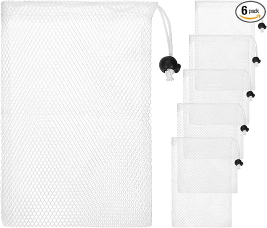 6 x 8 in Small Mesh Laundry Bags with Drawstring [6PCS] - Durable Mesh Bags with Cord Lock for Laundry & Soap &Small Balls - [White]