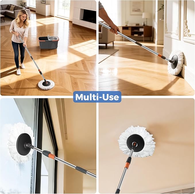 Foldable Spin Mop and Bucket System, Dual-Bucket Cleaning & Stainless Steel Wringing, Collapsible Storage with Detergent Bottle, 2 Reusable Microfiber Mop Heads for Floor Cleaning