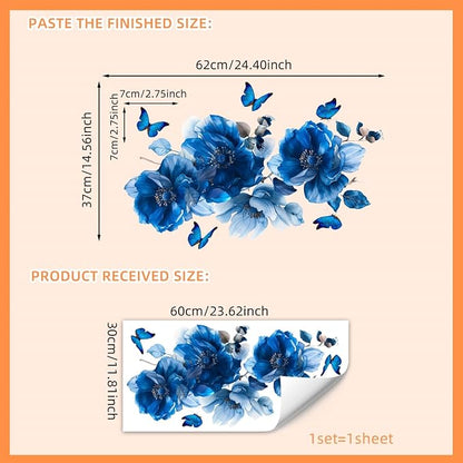 Blue Flower Wall Decals Peel and Stick Peony Floral Wall Sticker Decor Removable Peonies Bouquet Wall Murals with Butterflies for Girls Bedroom Living Room Bathroom Hallway Door Office Kids Nursery