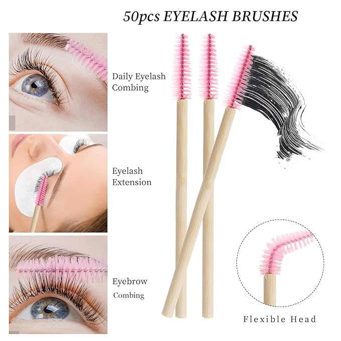 300 pcs Eyelash Extension Supply Kits 200pcs Disposable Double pointed head Wooden Micro Brush 50pcs Eyebrow Lash Spoolie 50pcs Lip Brush Mascara Wand Applicator Makeup Tools (Bamboo pink kits)