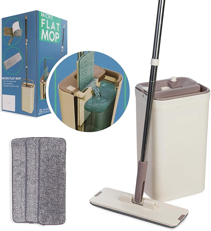Micro Flat Mop & Bucket System, Hands-Free Wringing Floor Cleaning, 3 Washable & Reusable Microfiber Pads, Wet or Dry Usage on Wood, Marble, Tile, Laminate, Ceramic and Vinyl Floors