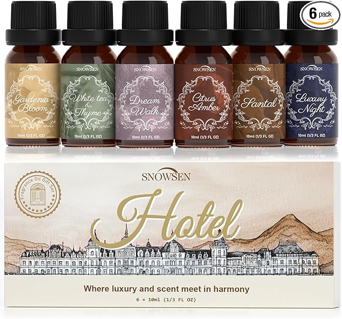 Fragrance Oils Hotel Set—Santal, Luxury Night, White Tea & Thyme, Gardenia Bloom, Dream Walk, Citrus Amber, Essential Oils for Diffuser, Candle & Soap Making, Luxury Diffuser Oils Scents