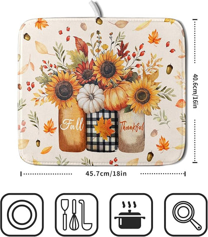 Autumn Sunflowers Vase Dish Drying Mat for Kitchen Counter,Fall Pumpkin Maple Leaves Drying Mat 16 x 18 Inch with High Absorbent Microfiber Dish Drying Drainer Mat for Coffee Bar
