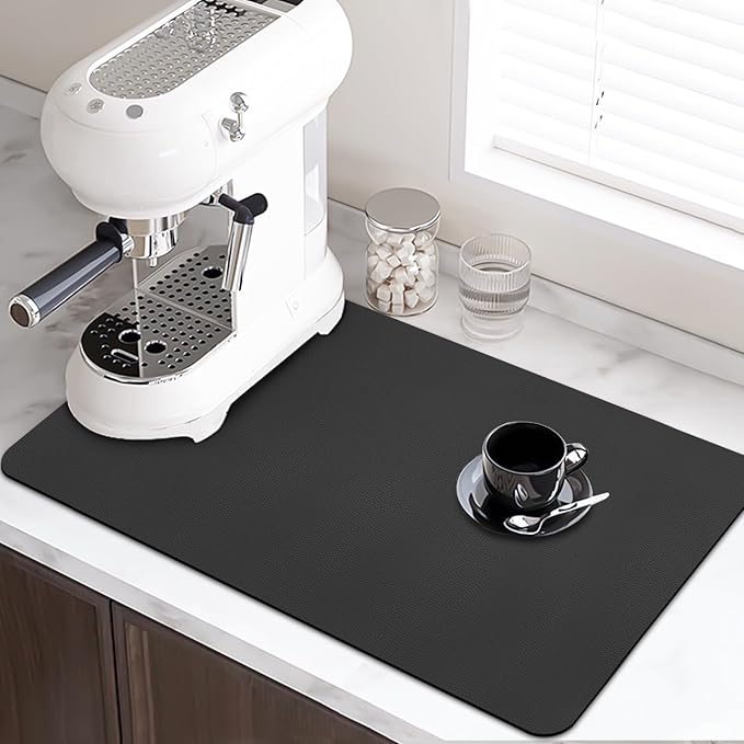 LOPNUR Kitchen Dish Drying Mat, 24"x16" Large Dish Drying Mats for Kitchen Counter, Diatomite Coffee Mat, Super Absorbent Dish Drying Pad, Heat Resistant Mat with Anti-slip Rubber Backed, Black