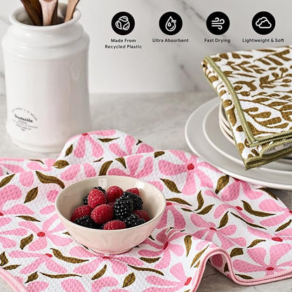 RECYCO Waffle Kitchen Towel Set of 2 - Quick Dry Microfiber Sustainable Dish Towels - Ultra Absorbent Reusable Cleaning Tea Towels - Lightweight Hand Towels,16”x 28”, Petal & Leaf