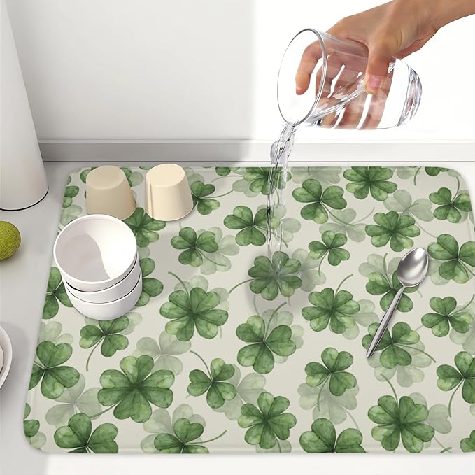 St Patrick's Day Green Clover Dish Drying Mat for Kitchen Counter Spring Holiday Watercolor Lucky Shamrock Drying Mat 18x24 Inch Absorbent Dish Drainer Mat Kitchen Accessories
