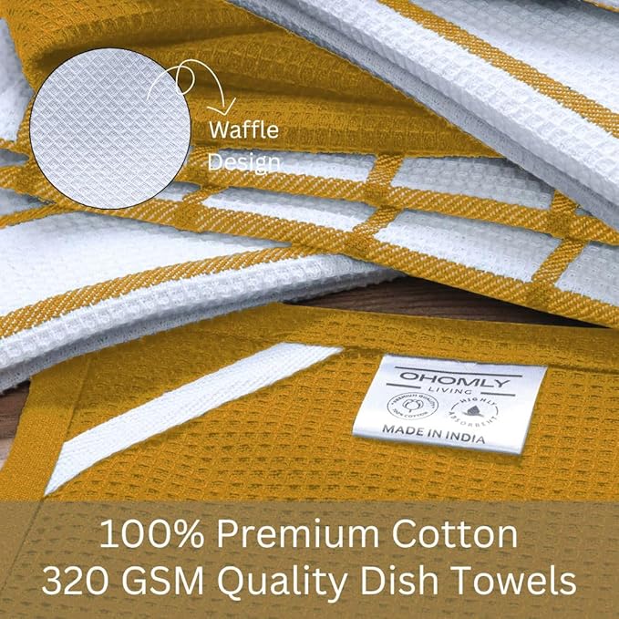 Assorted Waffle Kitchen Towels 100% Cotton Set of 6 - Heavy Duty 320 GSM Quality Dish Cloths Towel - Soft Absorbent Washable for Kitchen Use -Quick Drying Dish Towel 16x26 Mustard Yellow