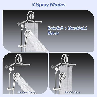Hibbent 5-spray Filtered Rainfall Shower Head Combo, High Pressure 13'' Showerhead with 10 Spray Modes Handheld, All Metal 3 way Diverter Shower Arm, 71'' Hose and Holder, Chrome