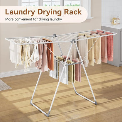 APEXCHASER Clothes Drying Rack, Foldable Drying Rack Clothing, Sturdy Metal Laundry Drying Rack, Height-Adjustable Gullwing, Easy to Fold, Space-Saving, for Indoor Outdoor, White