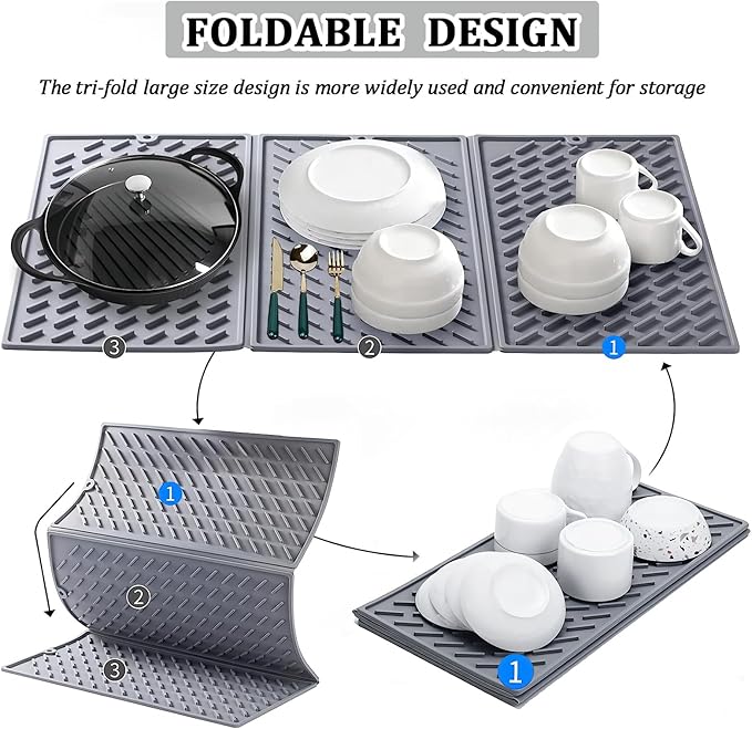 Dish Drying Mat, Silicone Drying Mat for Kitchen Counter, Collapsible Trifold Large Silicone Drying Mat, Dish Pads for Drying Multiple Usage, Easy Clean, Heat-Resistant, BPA Free(24×16in)