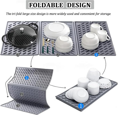 Dish Drying Mat, Silicone Drying Mat for Kitchen Counter, Collapsible Trifold Large Silicone Drying Mat, Dish Pads for Drying Multiple Usage, Easy Clean, Heat-Resistant, BPA Free(24×16in)