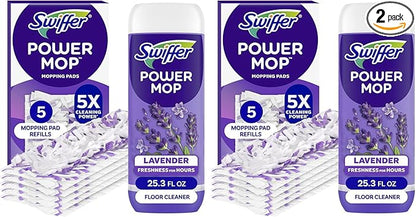 Swiffer Power Mop Refill, Floor Cleaner for Mopping Tile, Vinyl, Laminate, Wood in Home, Bathroom, Kitchen, All Purpose Multi-Surface Cleaning, 5 Pads + 1 Lavender Solution (Pack of 2)